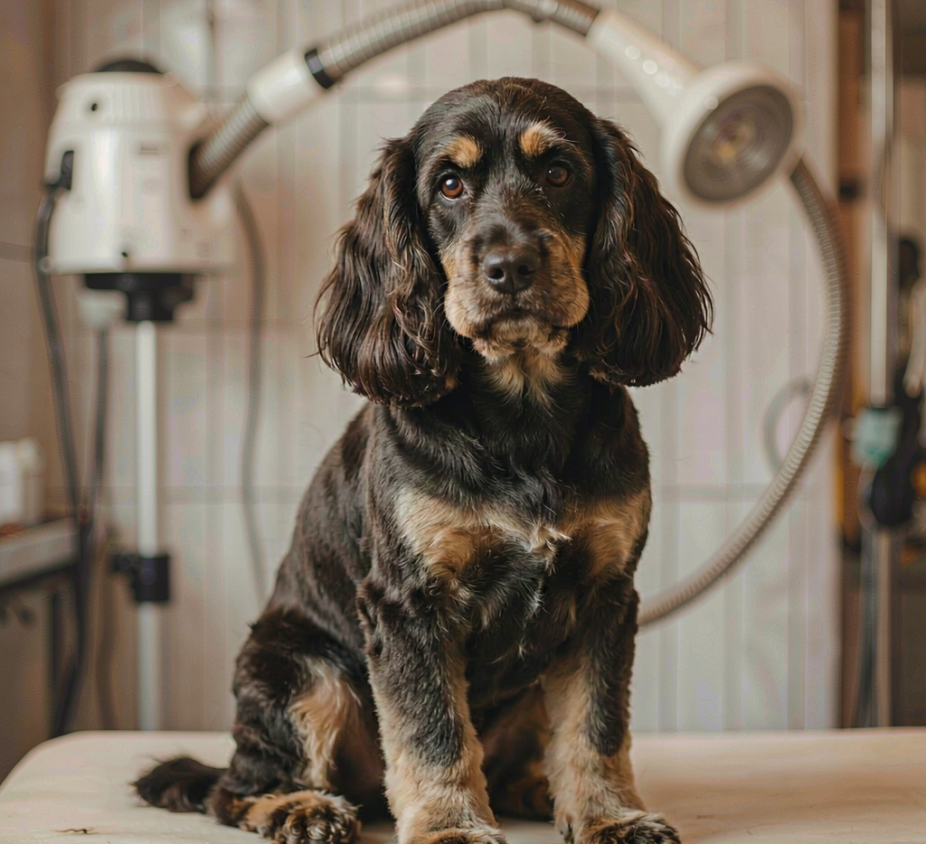 Cocker spaniel after full groom with feathered ears