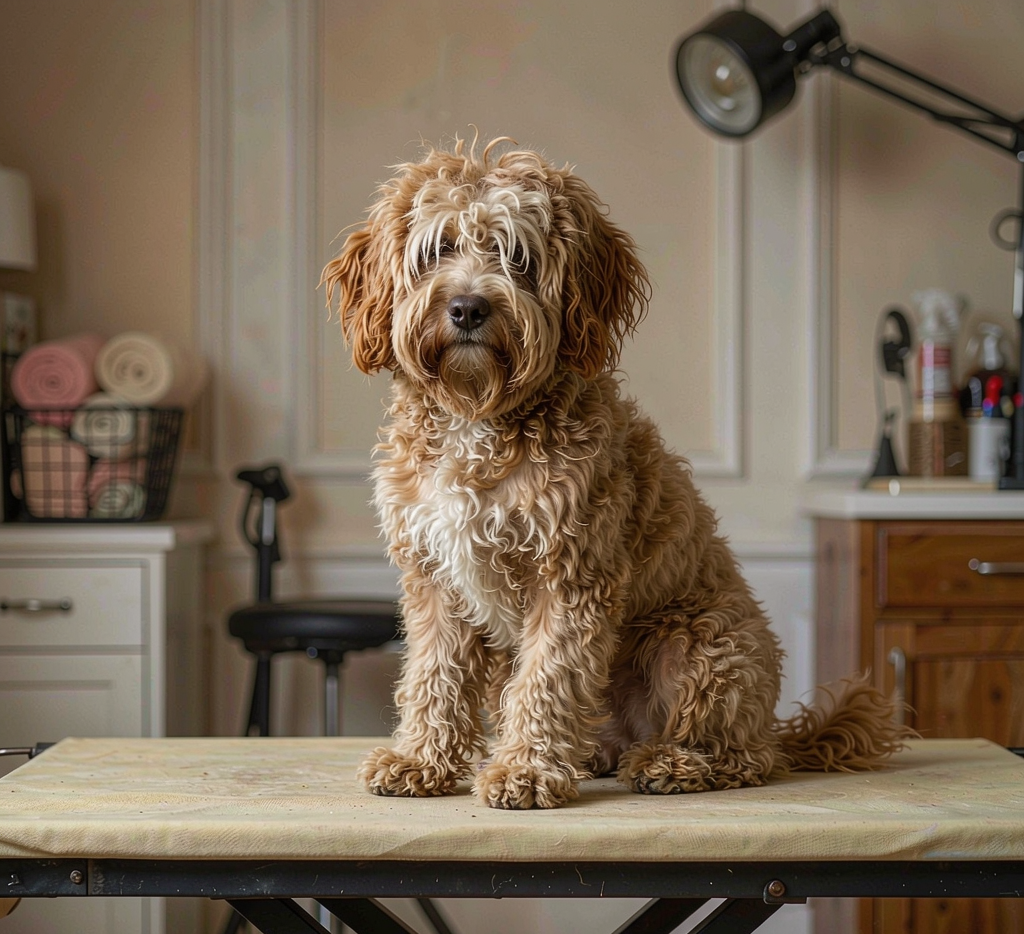 Golden doodle before grooming, matted coat