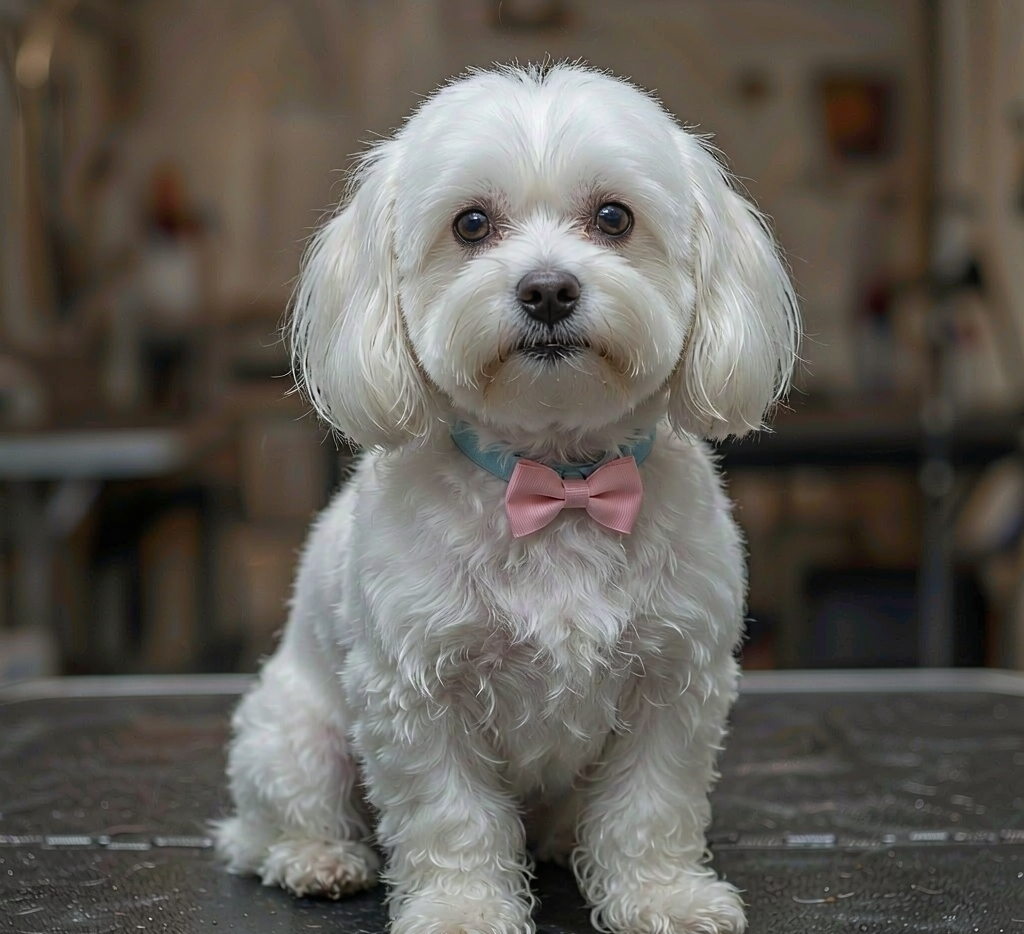 Maltese with snow-white silky coat after grooming