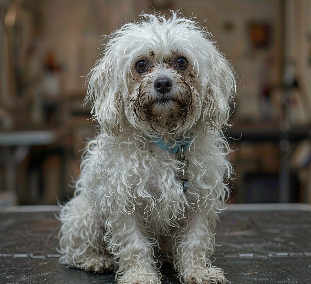 Maltese with matted dingy coat before grooming