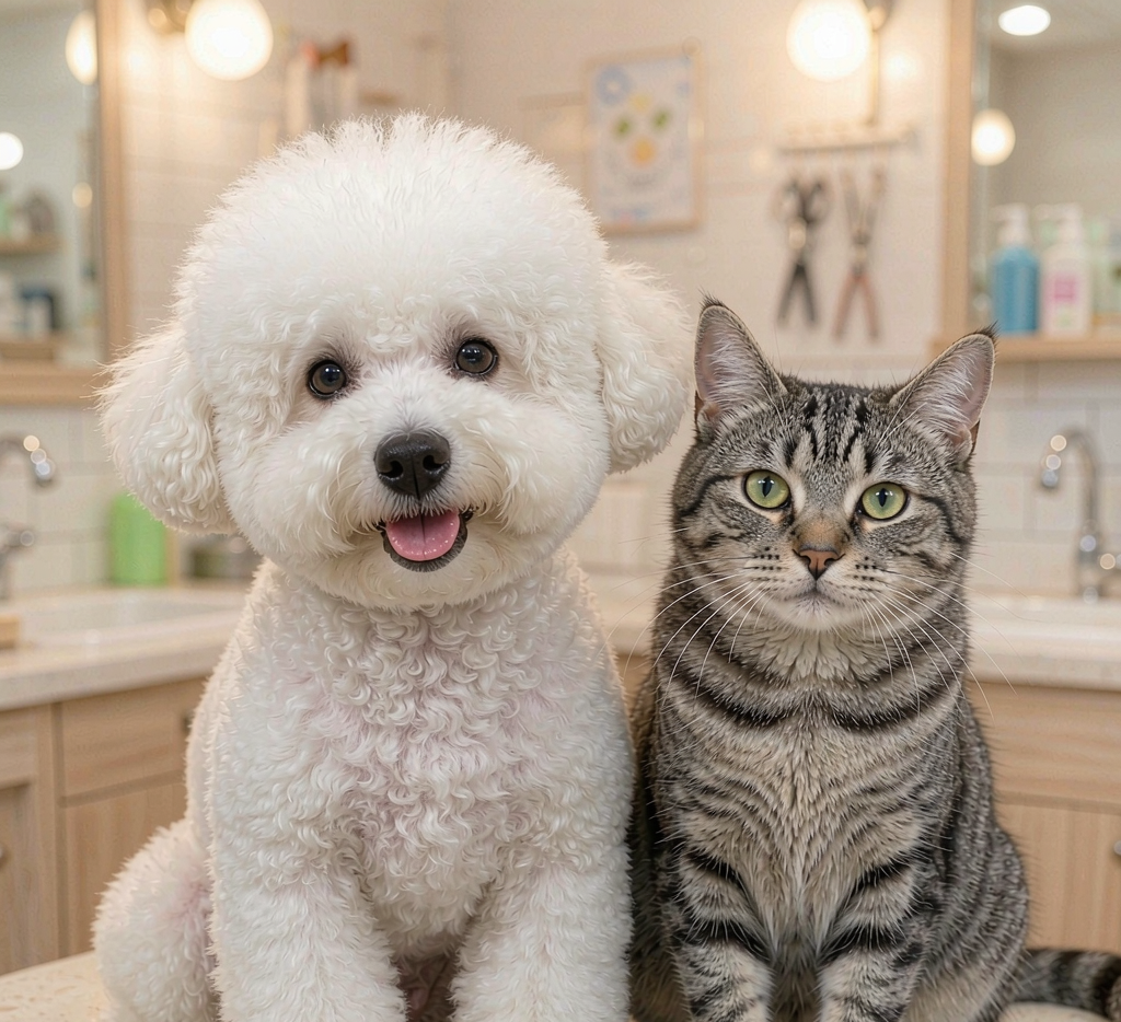 Happy groomed bichon dog and tabby cat